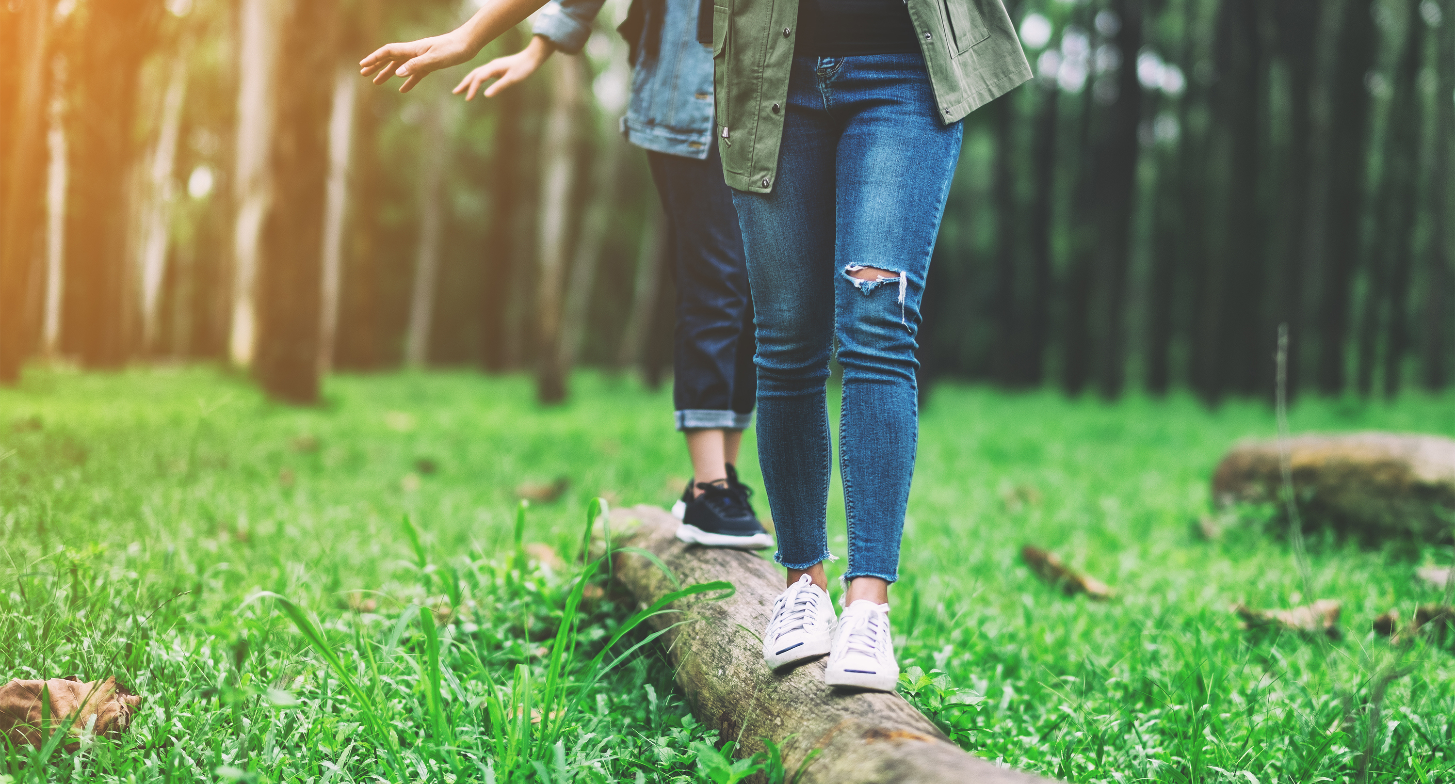 Personen balancieren auf Baumstamm im Wald